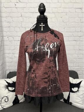 Y2K Oxygen Burgundy Graphic Sweatshirt With Decorative Metal Rings Sz S Grunge